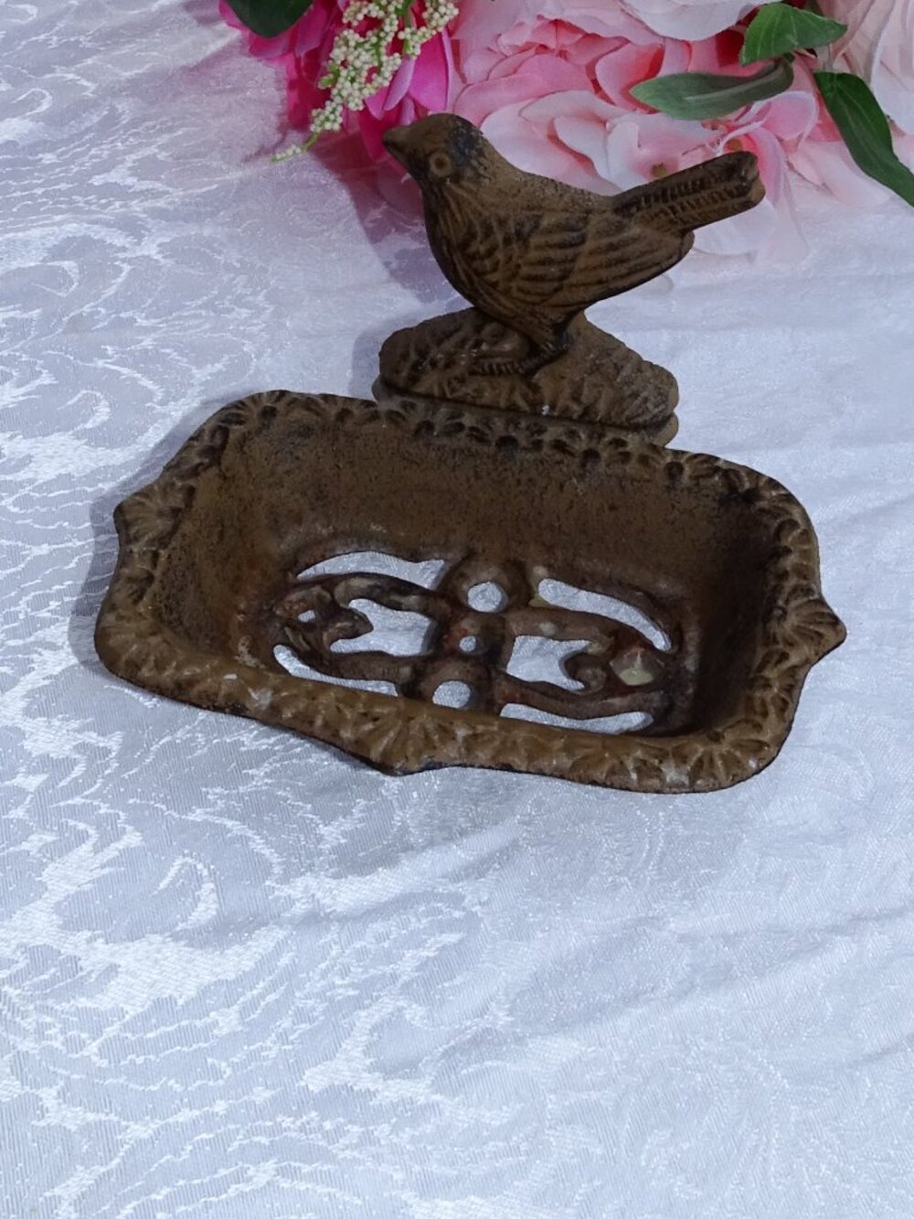 Vintage Cast Iron Ornate Soap Dish with a Bird